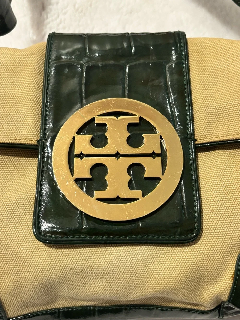 Tory Burch Vintage Baguette Shoulder Bag Khaki Canvas Dark Green Patent 11099828